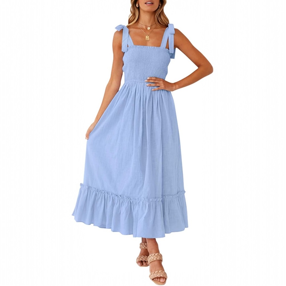 ZESICA Blue Tie Strap Shirred Boho Maxi Dress | Ruffle Hem | Size Large